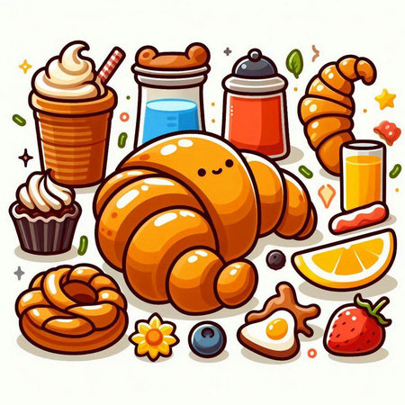Coffee, croissant and other sweets. Vector illustration.のイラスト素材