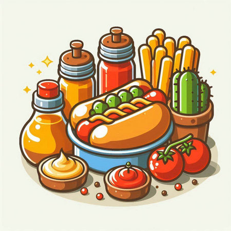 Hot dog with mustard, ketchupnnaisennaise, mustard, ketchupnnaise, mustard, mustard, onion, tomato, pepper. Vector illustration.のイラスト素材