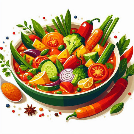 Vegetable salad in bowl with herbs and spices. Vector illustration.のイラスト素材