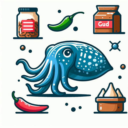 Vector illustration of a set of cartoon octopus and ingredients for cooking.のイラスト素材