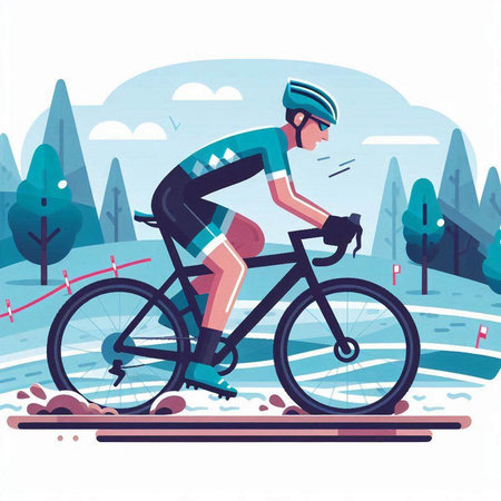 Cyclist riding on road in winter forest. Vector illustration.のイラスト素材