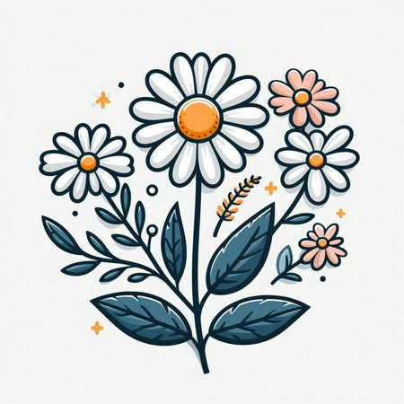 Hand drawn chamomile flowers and leaves. Vector illustration.のイラスト素材