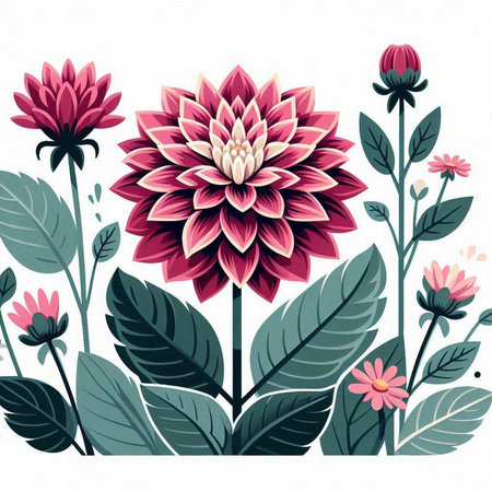 Flower background with dahlias and leaves. Vector illustration.のイラスト素材