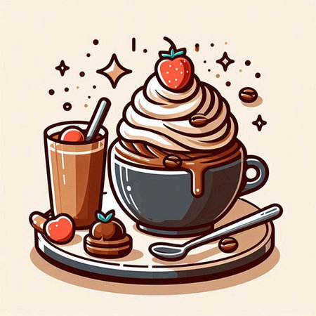 Cup of coffee with whipped cream, strawberry and chocolate. Vector illustration.のイラスト素材