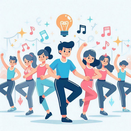 Group of young people dancing and listening to music. Vector illustration.のイラスト素材