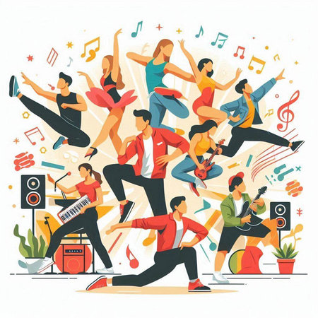 Vector illustration of a group of young people dancing, singing and playing musical instruments.のイラスト素材