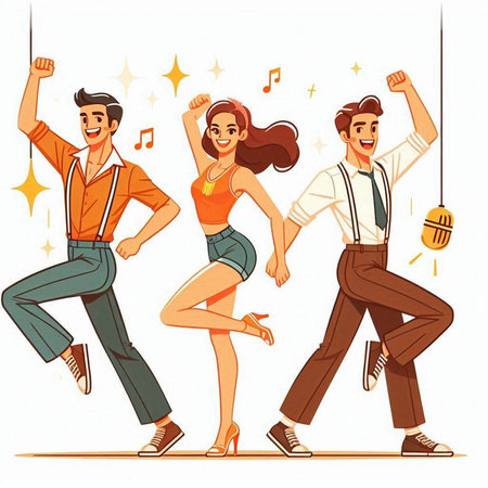 Happy young people dancing at party. Vector illustration in cartoon style.のイラスト素材