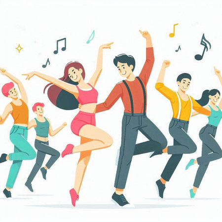 Group of dancing people. Vector illustration in cartoon style on white background.のイラスト素材