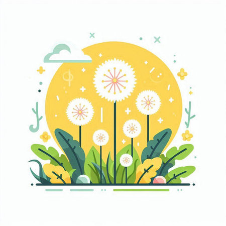 Dandelion flower on the full moon. Vector flat illustration.のイラスト素材