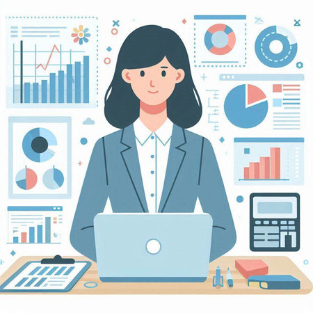 Business woman working with laptop. Vector illustration in a flat style.のイラスト素材