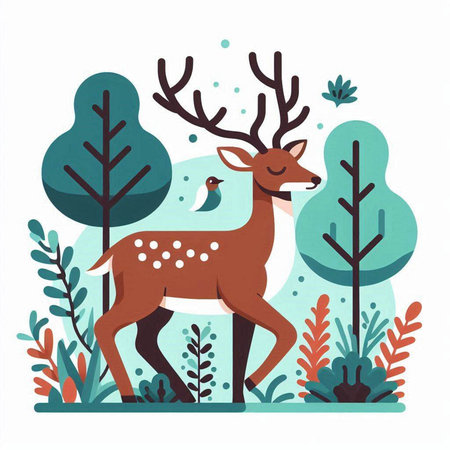 Deer in the forest. Vector illustration in flat cartoon style.のイラスト素材