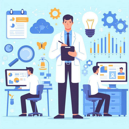 Man in white coat standing in front of computer and holding clipboard. Vector illustration in flat styleのイラスト素材