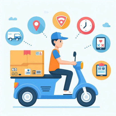 Delivery man riding scooter with boxes and fast delivery icons. Flat design vector illustration.のイラスト素材
