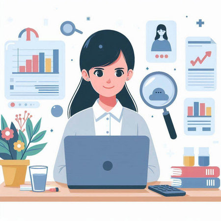 Business woman working with laptop at office. Vector illustration in flat styleのイラスト素材