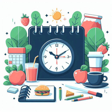 Alarm clock, notepad, cup of coffee, apple, pencils and other things. Time to eat concept. Vector illustrationのイラスト素材