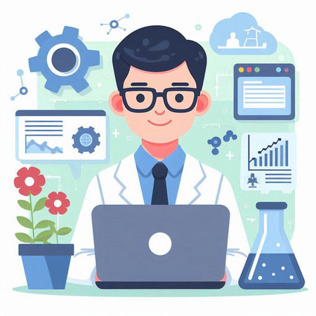 Male scientist working on laptop in laboratory, flat style vector illustration.のイラスト素材