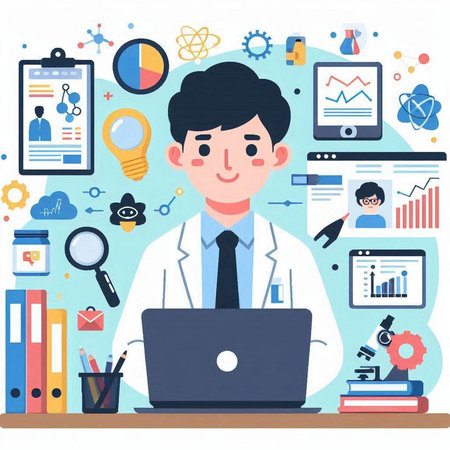 Young male doctor working on laptop computer. Flat style vector illustration.のイラスト素材