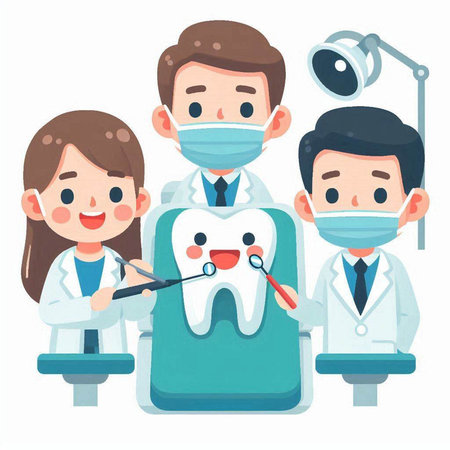Dentist and dental assistant with tooth cartoon character vector illustration.のイラスト素材