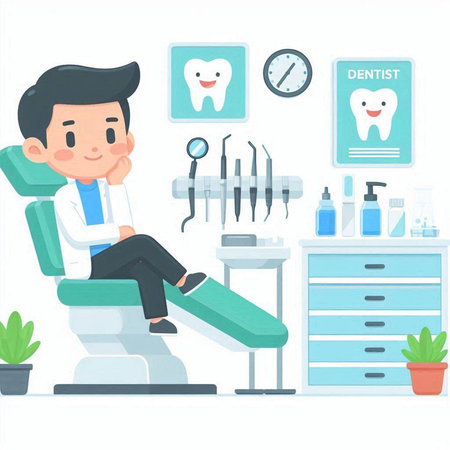 Dentist and patient in dental office. Vector illustration in cartoon style.のイラスト素材