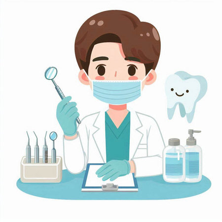 Dentist and dental care. Vector illustration of a man in a white coat and mask.のイラスト素材