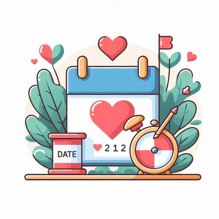 calendar with date, target, heart, arrow, stopwatch and green plants.のイラスト素材