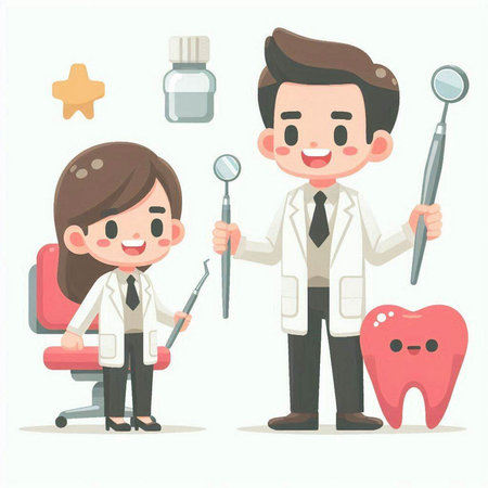 Dentist and Dentist Doctor with dental tools. Vector illustration.のイラスト素材