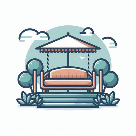 Amusement park with swing and trees. Vector illustration in flat styleのイラスト素材