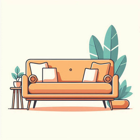 Sofa with cushions. Vector illustration in flat style.のイラスト素材
