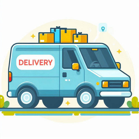Delivery van with boxes. Fast and convenient shipping. Vector illustration.のイラスト素材