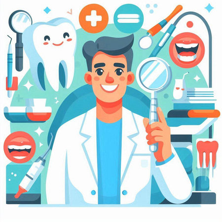 Dentist character with stomatologist tools. Vector illustrationのイラスト素材