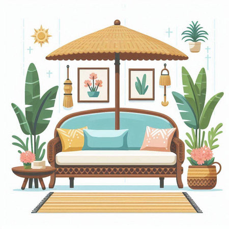 Vector illustration of a cozy living room with a sofa and a palm treeのイラスト素材