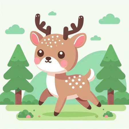 Cute cartoon deer in the forest. Vector illustration. Flat style.のイラスト素材