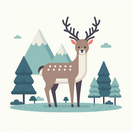 Cute reindeer in forest. Vector illustration in flat styleのイラスト素材