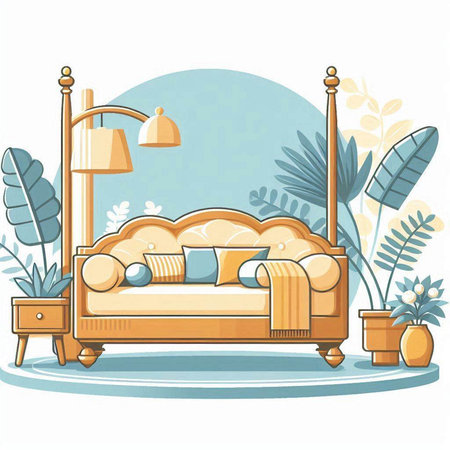 Bedroom interior with furniture and plants. Vector illustration in cartoon styleのイラスト素材
