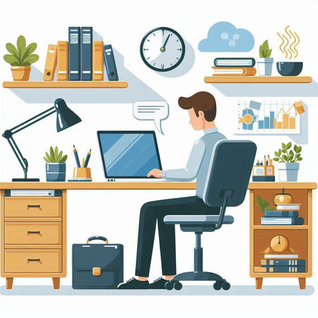 Businessman sitting at the desk in the office. Vector illustration.のイラスト素材