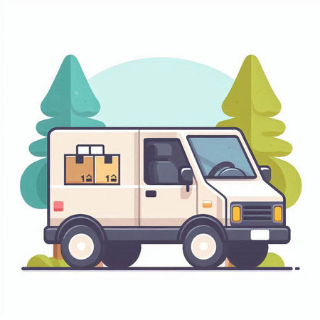 Delivery van with boxes in the forest. Flat style vector illustration.のイラスト素材