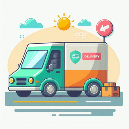 Vector illustration of delivery van on the road. Flat style design.のイラスト素材