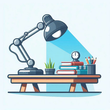 Vector illustration of a desk with a lamp, books and a plantのイラスト素材
