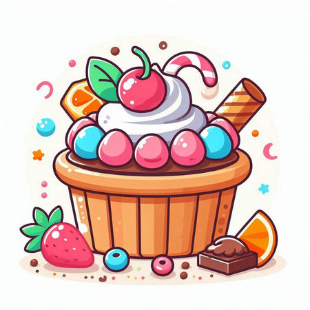 Cupcake with whipped cream and berries. Vector cartoon illustration.のイラスト素材