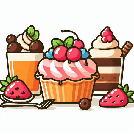 Illustration of a Cupcake and Ice Cream with Fresh Berriesのイラスト素材