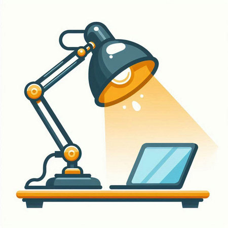 Desk lamp and laptop. Vector illustration in flat style. Isolated on white background.のイラスト素材