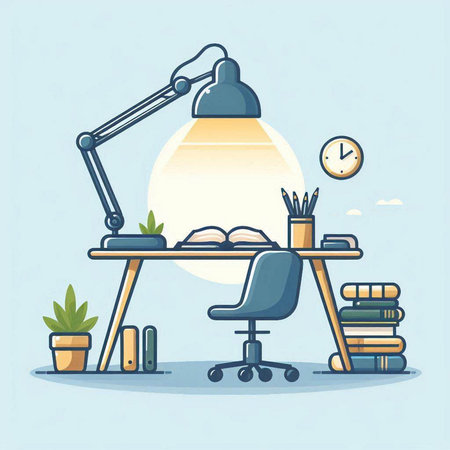 Illustration of office workplace with desk, lamp and books. Vector illustrationのイラスト素材