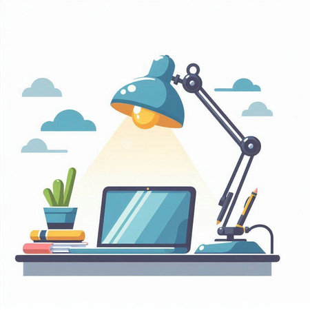 Laptop and lamp on desk. Vector illustration in flat style.のイラスト素材