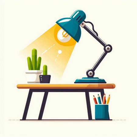 Vector illustration of office desk with lamp and stationery in flat styleのイラスト素材