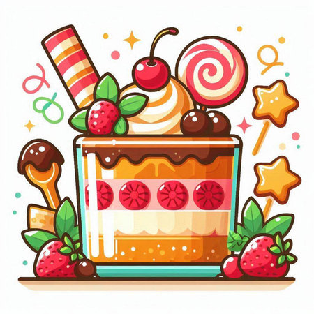 Cake vector illustration. Cake with whipped cream, strawberries, cherries, lollipops and chocolate candies.のイラスト素材