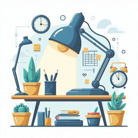 Flat design modern vector illustration concept of home office. Workplace with table lamp, books, stationery, clock, potted plant.のイラスト素材