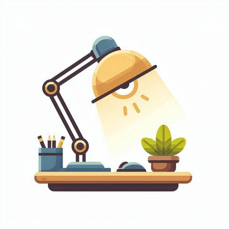 Illustration of a desk lamp with a table and a plant on a white backgroundのイラスト素材