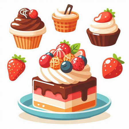 Set of different cakes with berries. Vector illustration in cartoon style.のイラスト素材