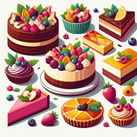 Set of different sweet cakes with fruits and berries. Vector illustration.のイラスト素材