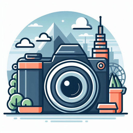 Vector illustration of a camera and city landscape. Flat design style.のイラスト素材
